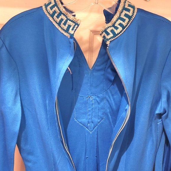 70s Twiggy MOD Zip Hi Neck Sparkly Greek Key Trim Star Trek Vin Mini Dress OO - Picture 11 of 16